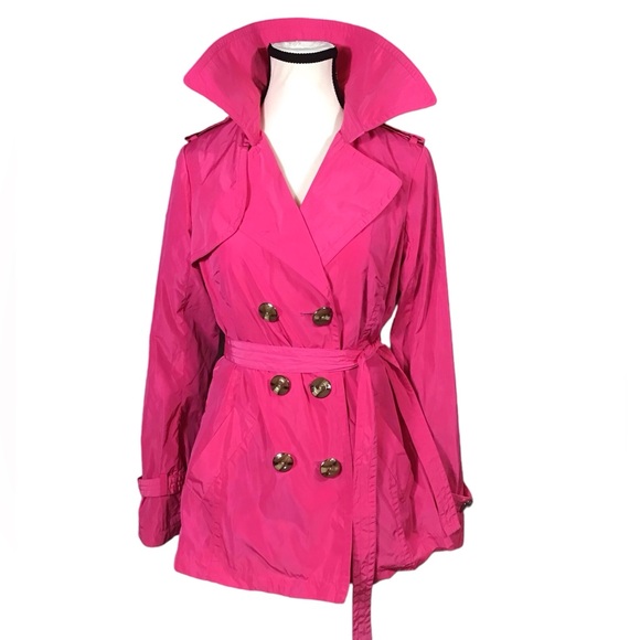 Trina Turk Womens Short Trench Coat Size S Hot Pink Double Breasted Belted Chic - Picture 16 of 16